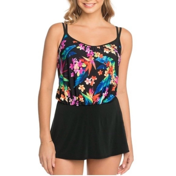 ST JOHN’S BAY Women’s Black Multi Floral Swim Dress Modest Pool Cruise Size 14 - Picture 1 of 7